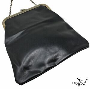 Vintage Black Vinyl Flat Purse w Chain or Folded Clutch Metal Frame 9x9 -Hey Viv